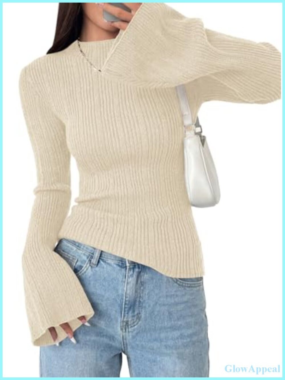 PRETTYGARDEN Womens Ribbed Knit Mock Neck Bell Sleeve Pullover Sweate